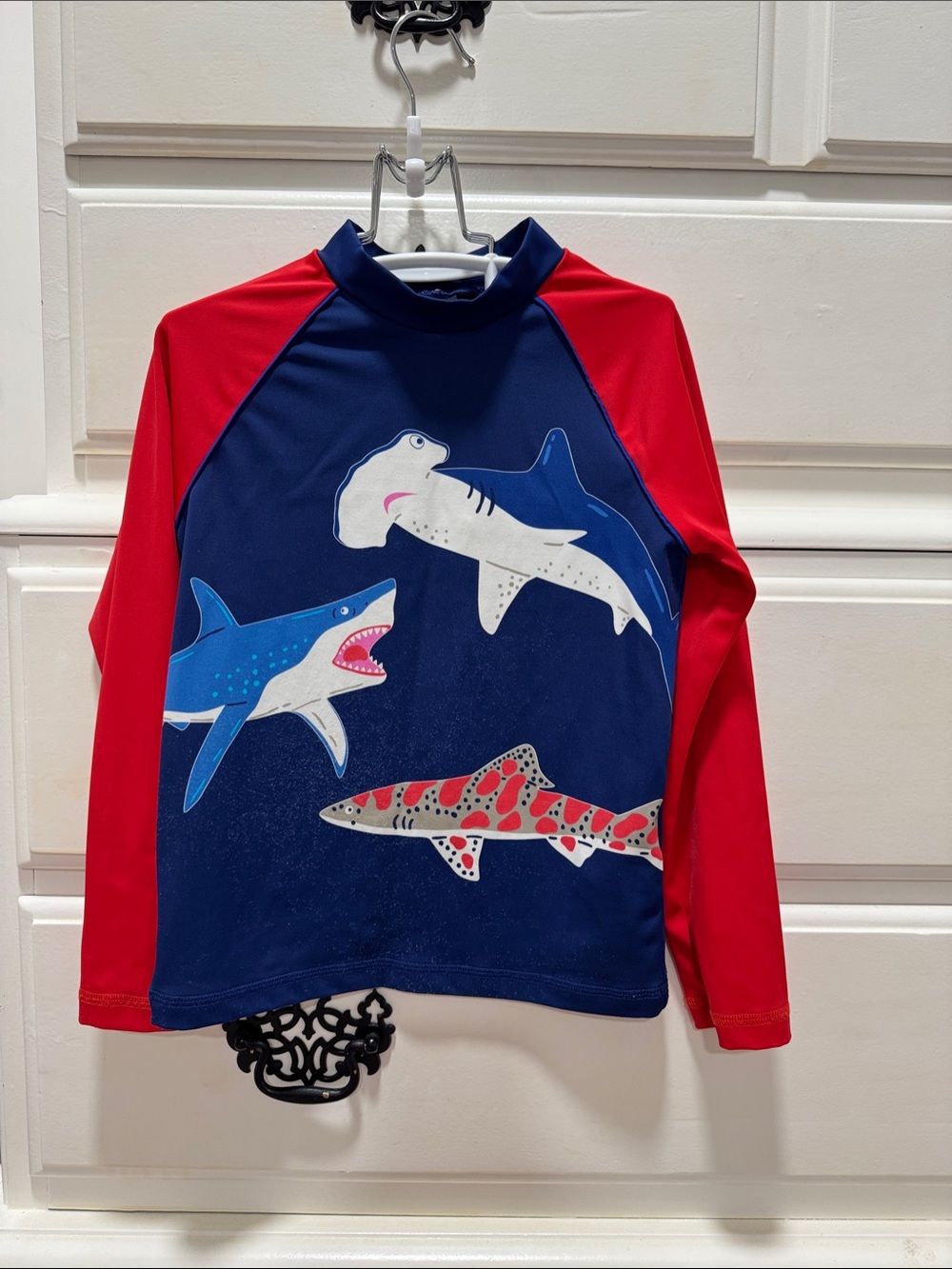 Mini Boden Kids Rash Guard Swim Shirt - Navy & Red Sharks and shorts set